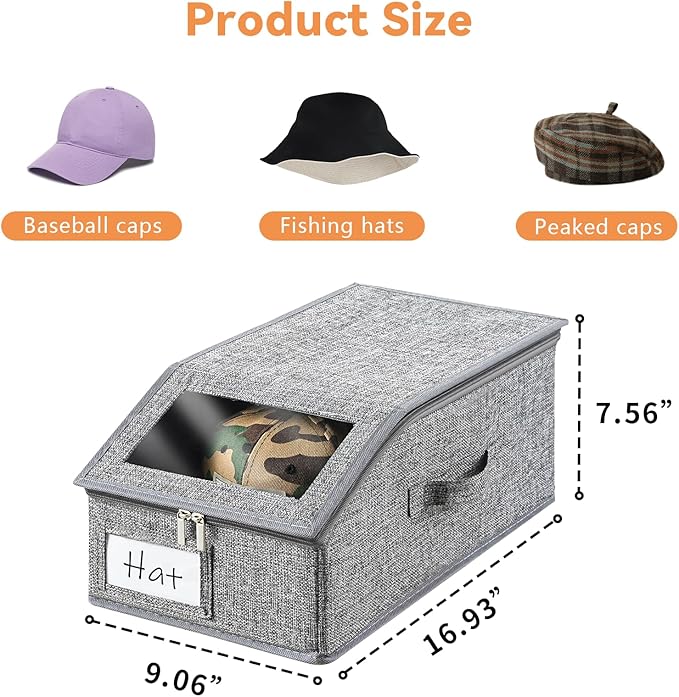 2 Pack Grey Hat Organizer for Baseball Cap, Hat Storage for Closet with Clear Window, Breathable Fabric Hat Box for Snacks, Toys, Socks, Stackable Hat Storage Organizer for Men/Women