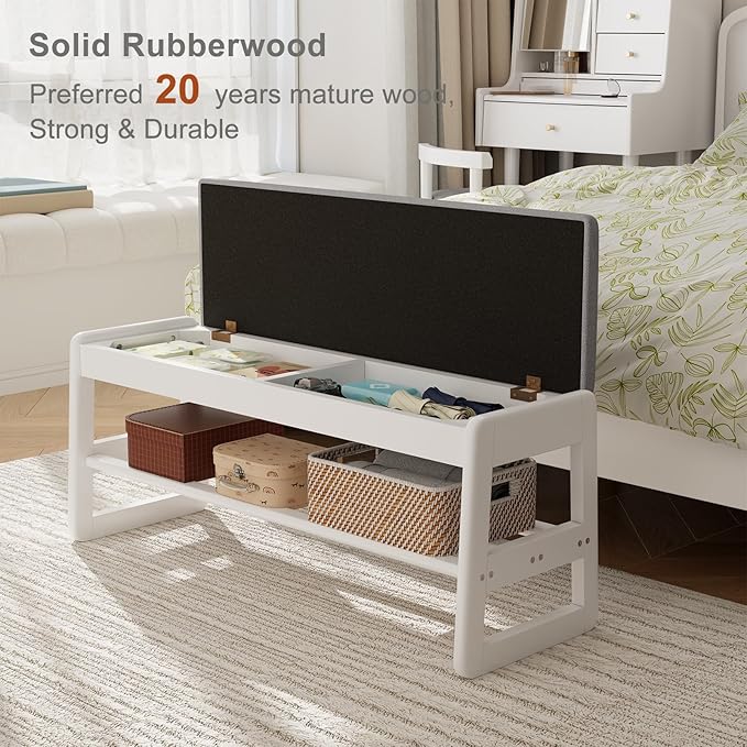 AQIMUELE Shoe Rack Bench,2 Tiers Shoe Bench with Storage with Flip-Top,Wood Shoe Rack for Entryway,Hallway（White Upholstered Seat）