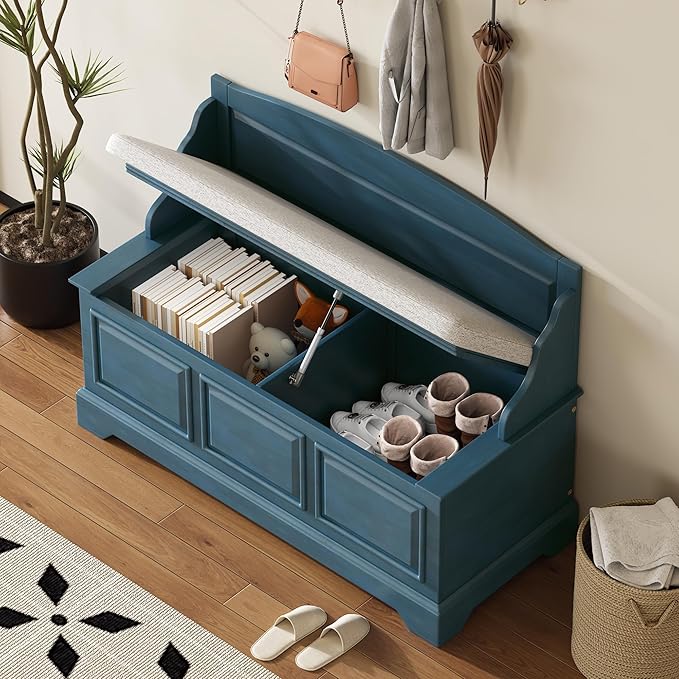 LUMISOL Shoe Storage Bench with Cushion, Farmhouse Entryway Bench with Soft-Close Devices and Hidden Storage, Upholstered Storage Ottoman for Living Room, Entryway, Bedroom, Antique Navy