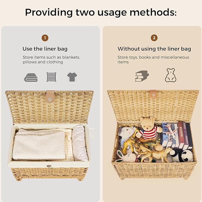 Wicker Storage Basket with Lid,Rattan Shelf Basket with Removable Liner Bag,200L Storage Bin,Storage Trunk with Heightened Feet,Storage Container for Wardrobe,Home Organizer