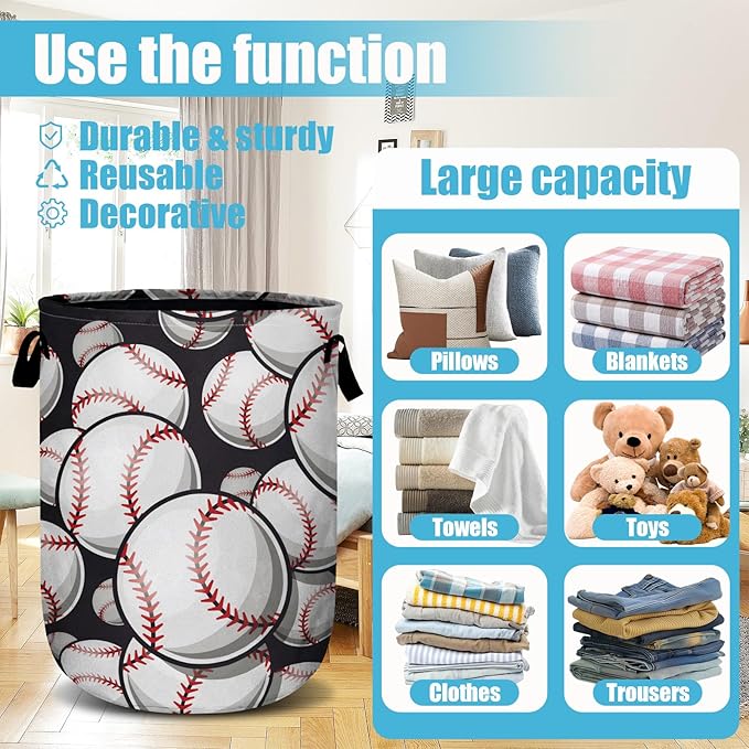 Baseball Softball Laundry Basket, Ball Laundry Hamper Collapsible Oxford Cloth with Handle Clothes Toy Storage Bin for Bathroom Laundry Room Bedroom 15.7 X 20 Inch