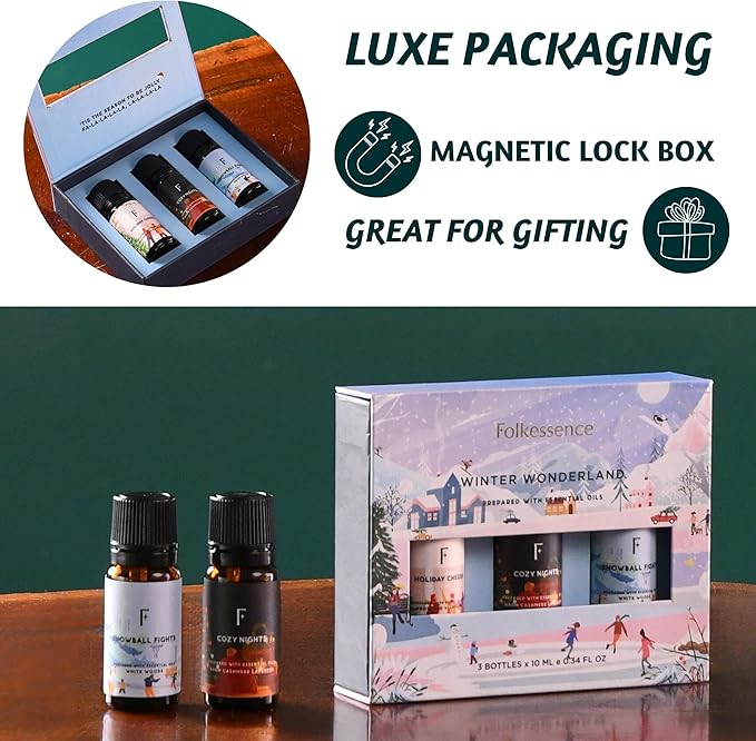 Folkulture Winter Essential Oils Set | Set of 3 Fragrance Oils for Diffusers | White Woods, Cashmere & Lavender | Relaxing Aromatherapy Gift for Home | Special Day, Valentine’s Day Gift Set