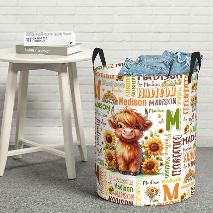 Personalized Highland Cattle Laundry Basket For Baby Kids Girls Adult Custom Hamper Basket With Name For Bathroom Bedrooms Collapsible Baby Laundry Basket, Dirty Clothes Hamper With Handles