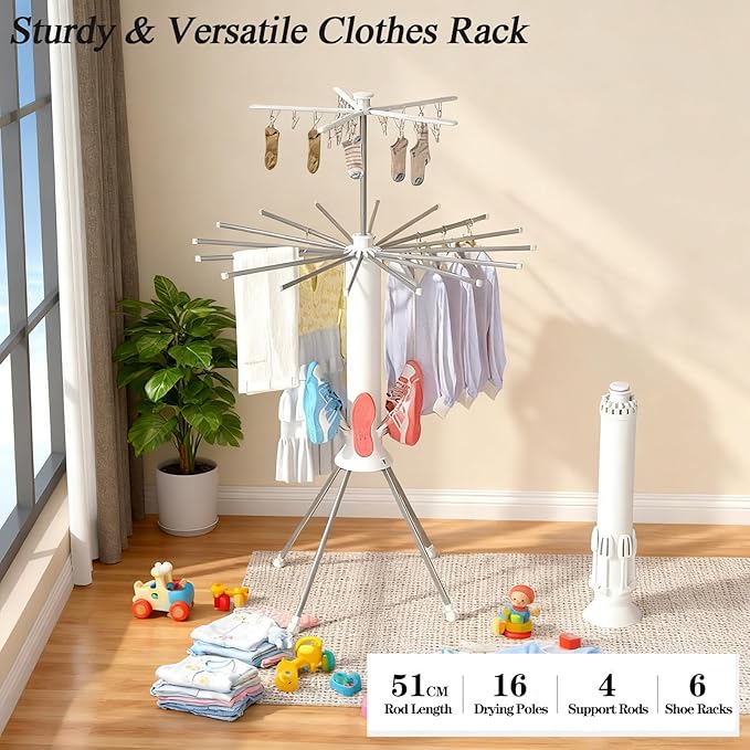 Four Legged 2 Tier Clothes Drying Rack Laundry Drying Rack Save Space Garment Rack Portable and Foldable Dry Rack with 4 Pulleys 16 Poles 360° Octopus for Indoor Outdoor Balcony Courtyard