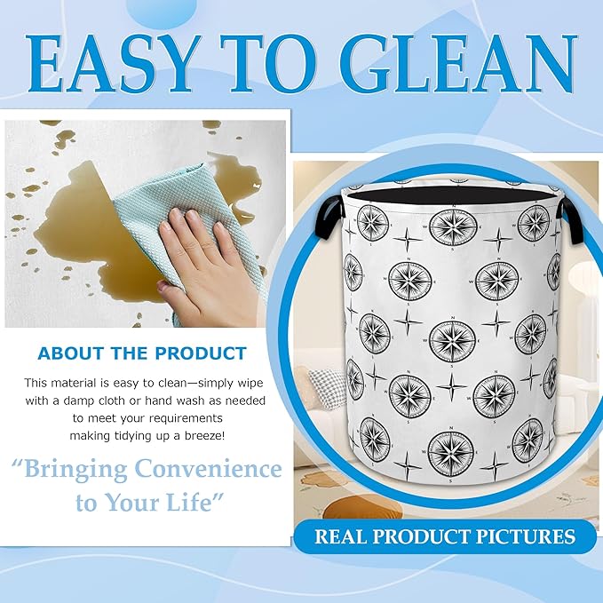 Black Compass Laundry Basket Collapsible Laundry Hamper Clothes Toy Storage Bin for Bathroom Bedroom Room Decor 16" X 20.8"
