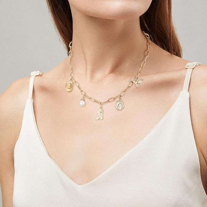 Chunky Gold Necklace for Women Gold Evil Eye Cowboy Pendant Necklace Dainty Paperclip Chain Vintage Luck Amulet Choker Necklaces Celestial Jewelry Gift