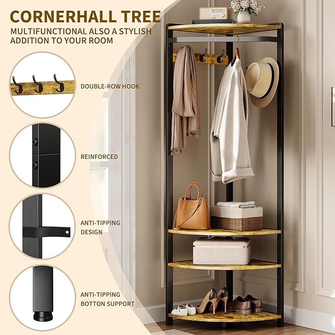 GarveeHome Corner Coat Rack With Shoe Bench for Entryway, Hall Tree With 6 Double Hooks, Clothes Rack With Storage and Organizer Shelf for Hallway, Closet