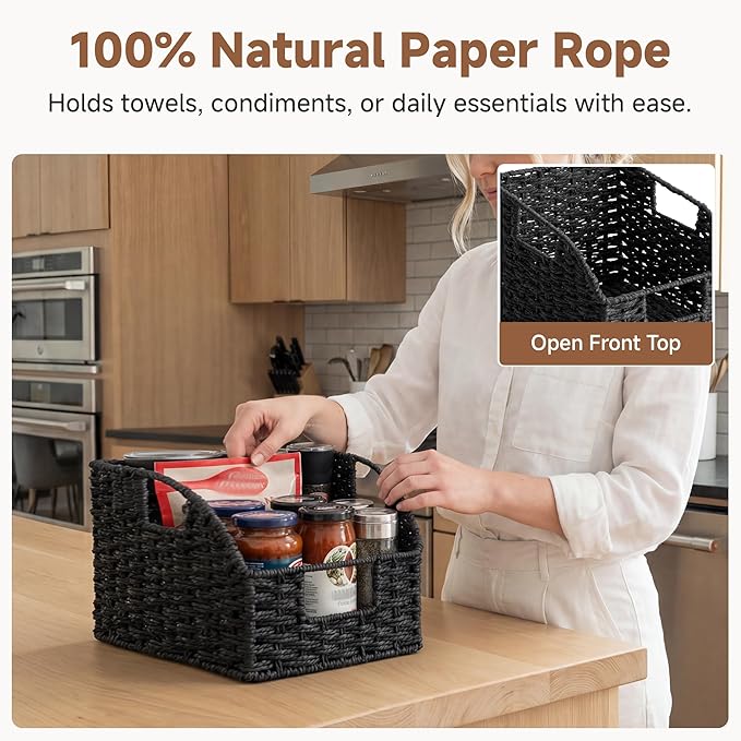 StorageWorks Pantry Organizers and Storage, Wicker Baskets with Handles, Pantry Baskets for Shelves, Paper Rope, Black，2 Pack