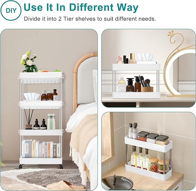 YSSOA Rolling Storage Cart, 4 Tier Slim Mobile Shelving Unit for Storage,360° Rotating Wheel Lockable Utility Cart,Great for Office, Kitchen, Bathroom, Laundry or Narrow Spaces, White