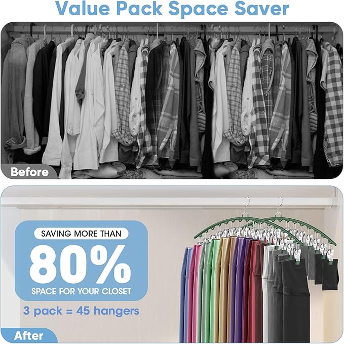 3 Pack Legging Organizer for Closet Hanging, Pants Hangers with Clips Holds 45 Leggings, Shorts, Skirts, Jeans, Hats, Pants Hangers Space Saving Clothes Racks Closet Organizers and Storage, Green