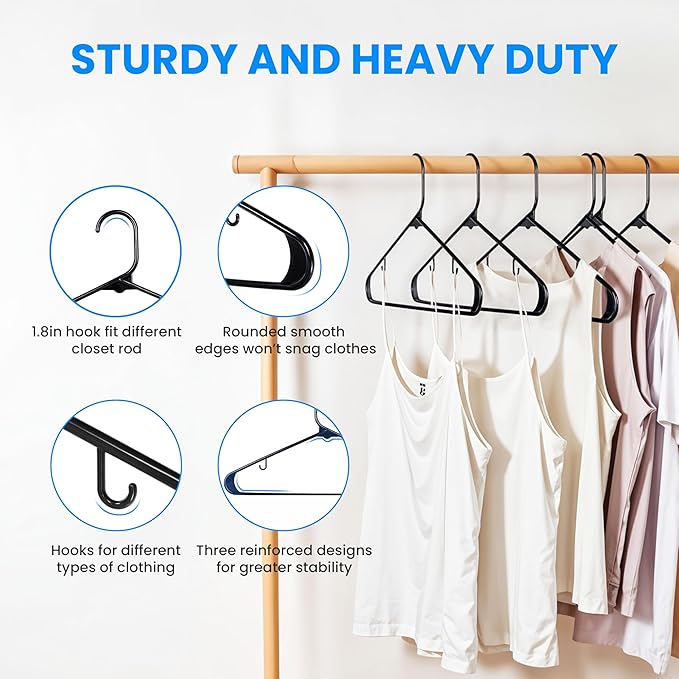 Simple Deluxe Plastic Hangers with Hooks 50 Pack, Durable & Space Saving Clothes Hangers with Non-Slip Hooks for Shirts, Coats, Dress, Black