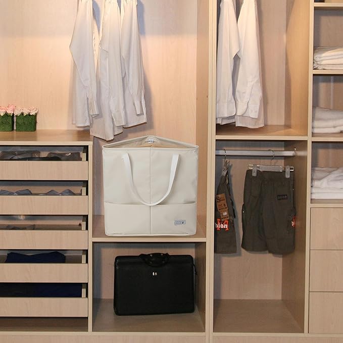 Clothes Hanger Organizer Bag with Handles, Hanger Holder, Hanger Storage, Hanger Stacker, Hanger Caddy, Closet Laundry Hamper Corner Bathroom Organizer Triangle storage (Beige White)