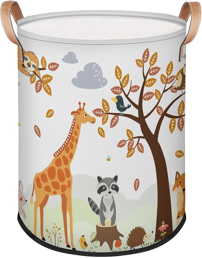 Kids Laundry Hamper Dirty Clothes Cute Animals Collapsible Polyester Sturdy Lightweight Storage Basket with Handles for Bedroom Bathroom Living Room
