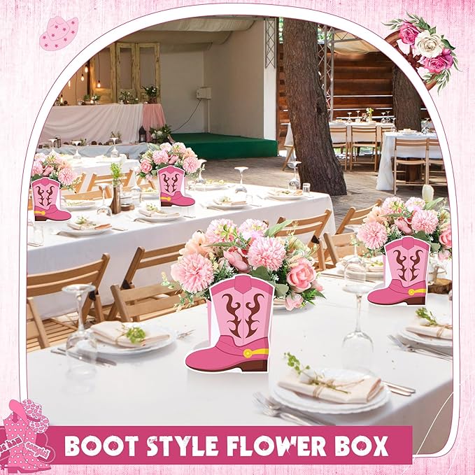 8 Set Western Cowboy Boots Flower Boxes Centerpiece Boot Shape Gift Boxes Western Party Decoration Vase Centerpieces for Table Rodeo Birthday Baby Shower Wedding Supplies(Pink)