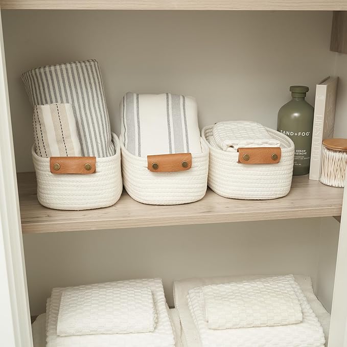 Beautiful Storage Basket Set of 3 - Sturdy Cotton Rope Baskets for Shelves Are Perfect for Organizing Your Home - Quality Storage Bins Easily Fit With Any Nursery or Bedroom Decor