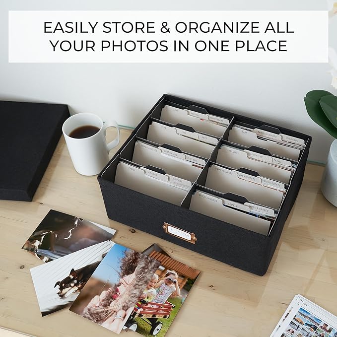 ZICOTO Decorative Photo Storage Box - Sturdy Linen Photo Organizer with Dividers is Perfect to Store Up to 1700 Pictures and 4x6 Photos - Portable Scrapbook Storage Containers with Lid