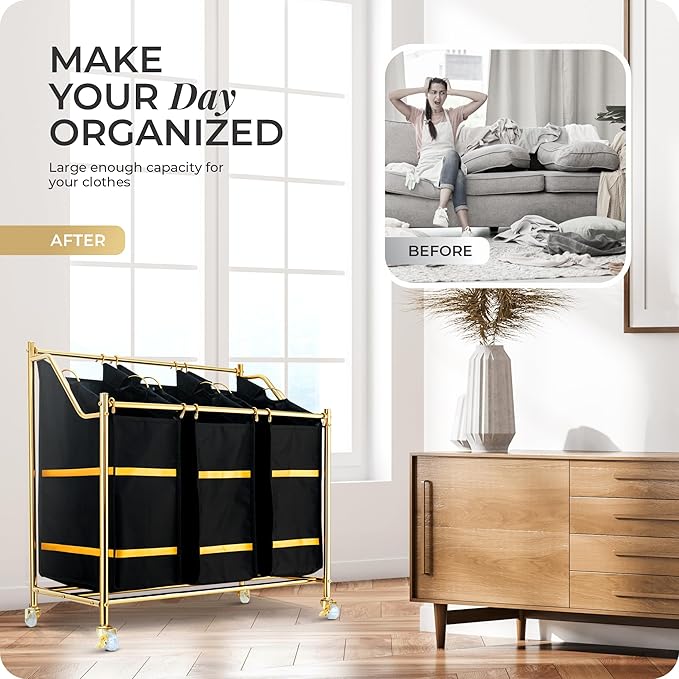 LUXURY STYLE Laundry Hamper, 3-Section Rolling Laundry Sorter Cart with Wheels, Modern Golden Hamper with 3 Bags for Clothes, Toys, and Towels