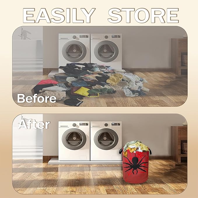 Laundry Hamper,Halloween Black Spider Laundry Basket,Red Spider Web Portable Collapsible Laundry Room Organization Storage for Dorm Room,Nursery,Bathroom,Bedroom,16x20 Inch