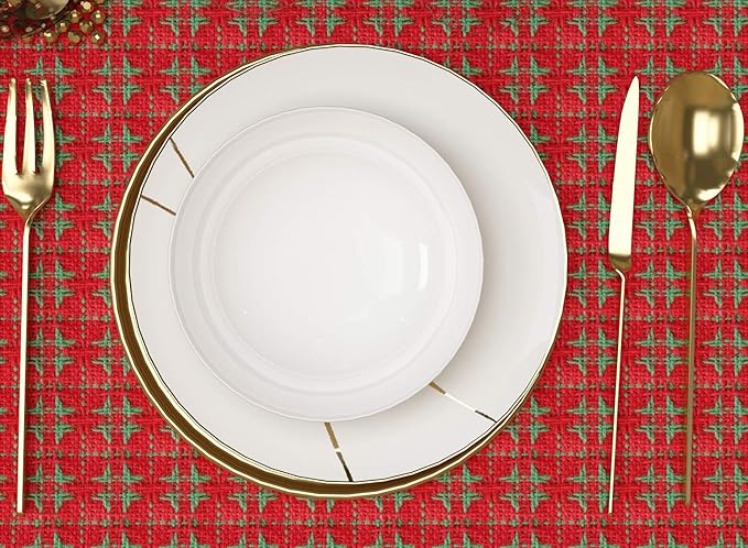 Table Cloth, Christmas Red & Green Woven Fringed, 100% Cotton Table Cover, Size 52x70 Inch, Suitable for Formal Dining, and Casual Occasions.