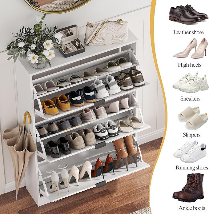 Shoe Cabinet Storage for Entryway with 3 Flip Drawers, White Fluted Shoe Cabinet with Adjustable Shelves, Wooden Hidden Shoe Rack Freestanding Narrow Slim Shoes Storage for Hallway, Entrance
