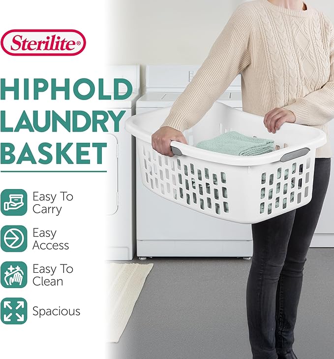 Sterilite 6 Pack HipHold Laundry Basket, Plastic Rectangle Clothes Hamper with Comfort Grip Handles & Reinforced Rim, 1.5 Bushel Capacity, White