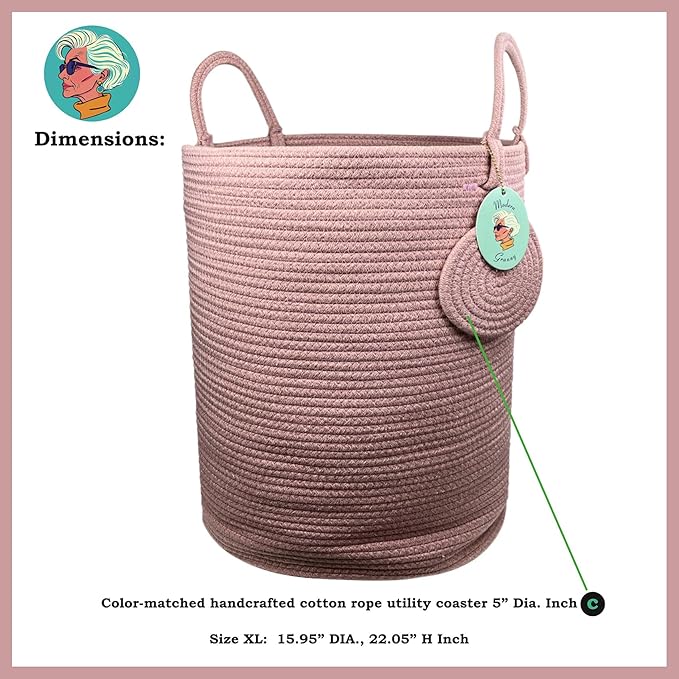 Modern Granny Extra Large Cotton Rope Laundry Hamper 16x22 Inch Dual Secure Woven Handle for Living Room Closet Clothes Blanket Organization