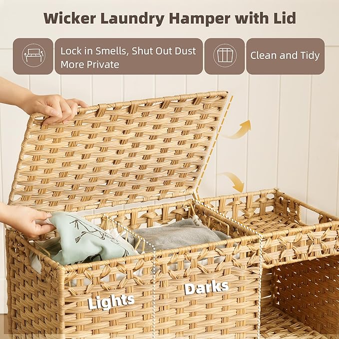 Laundry Hamper with Lid, 160L Rattan Wicker Laundry Basket with Wheels, Handwoven Laundry Hamper 2-Section with Storage shelf(42.3 Gal), Laundry Sorter Basket with Removable Liner, Natural HLH032N