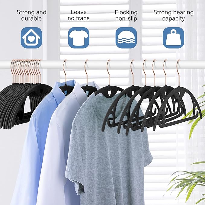 IEOKE Velvet Hangers 50 Pack: Felt Clothes Hangers Heavy Duty Shirt Sweater Hangers No Shoulder Bump Non Slip Slim Thin Coat Hangers for Closet - Black Grey