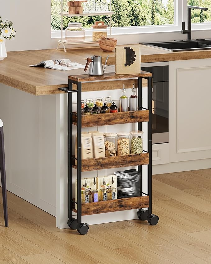 4-Tier Slim Storage Cart, 5.1'' Kitchen Serving Trolley, Slim Rolling Cart with Handle and Guard Rails, Slim Cabinet for Small Spaces, for Dining Room, Rustic Brown and Black TTC01BF
