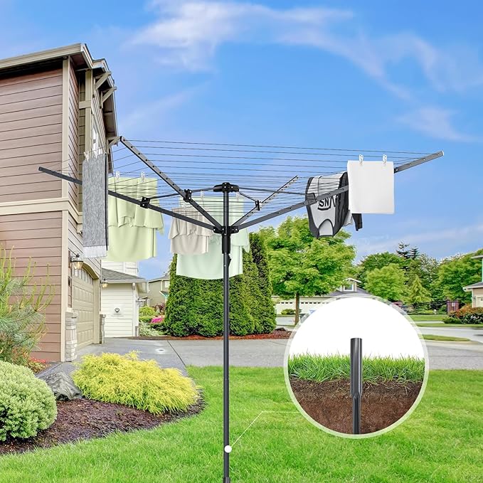 Outdoor Umbrella Clothes Drying Rack, 165 Feet Drying Space, 4 Arms 12 Lines, Steel Frame with Ground Spike, Rotary Clothesline for Backyard