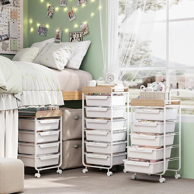 APEXCHASER 6-Drawer Plastic Organizers on Wheels,Rolling Storage Cart with Wooden Top, Mobile Drawer Unit for Classroom, Crafts, Art Supplies, and Home Organization,White