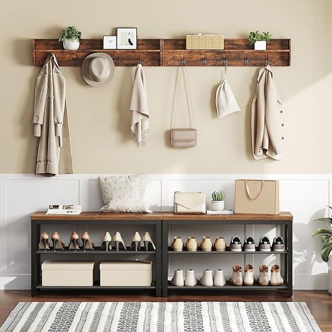 HOOBRO Shoe Bench, 3-Tier Shoe Rack Bench with Oxford Fabric Shelves, 29.5" L Shoe Storage Shelf Organizer, Entryway Bench Holds 6-8 Pairs of Shoes, Lightweight, Space-Saving, Rustic Brown BF77HX01