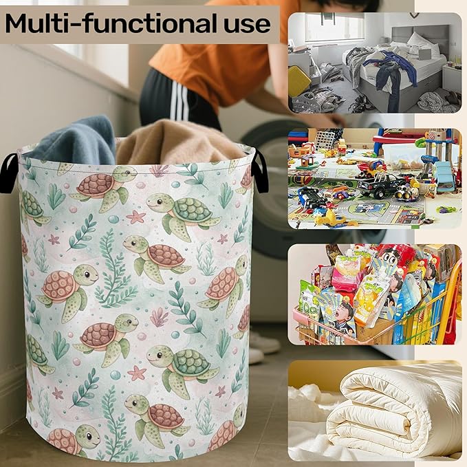 Cartoon Turtle Large Clothes Hamper Bag - Laundry Basket with Handles, Space Saving Foldable Design for Nursery