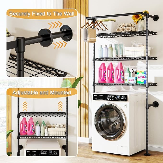 U17 Wall-Mounted Over Washer and Dryer Storage Shelves, Without Moving Washer or Dryer Laundry Room Storage Rack with Hanger Rod, 35" W x 22" D x 86.2" H, Holds 352 lbs, Black