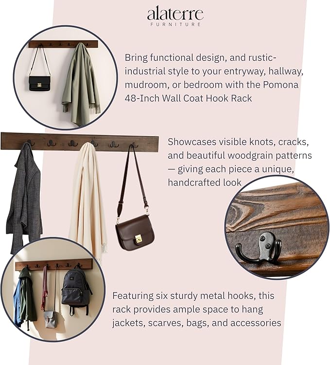 Pomona Metal and Wood Wall Coat Hook, 48 in. , Brown, 6-Hook Entryway Rack for Jackets, Scarves & Bags, Strong, Slim Wooden Design for Tight Spaces, Solid Finish, Solid Pine Wood & Metal