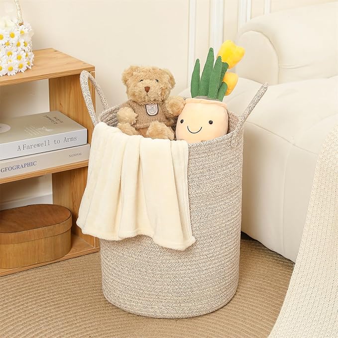 80L Large Woven Laundry Basket Hamper, 100% Natural Cotton Rope, Handwoven & Durable, Storage for Blankets, Toys, Clothes, Decorative Nursery Hamper for Living Room, Baby Room, Bedroom (Brown)