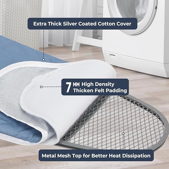 STO STO Ironing Board 48" x 15" with Iron Holder, Adjustable Height 26" to 36", Full Size Foldable Iron Board with Silver Coated Cotton Removable Cover, Sturdy Steel Frame and Legs, Blue