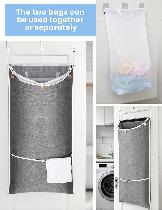 NiHome XXL Hanging Laundry Hamper Bag 39.4"x22.4" with Removable Delicates Bag, 2-in-1 Door Hamper with Dual Hooks, Wide Opening Laundry Bag for Dorm Bedroom Bathroom(Use Together or Separately)