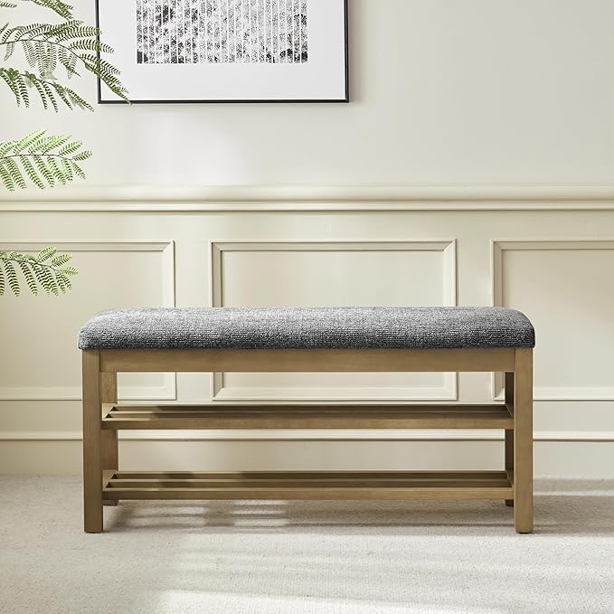 VKNOW 44.3” Wooden Entryway Bench, 2-Tier Upholstered Shoe Bench for Bedroom, Storage End of Bed Bench with Rubberwood Legs for Living Room, Hallway, Black
