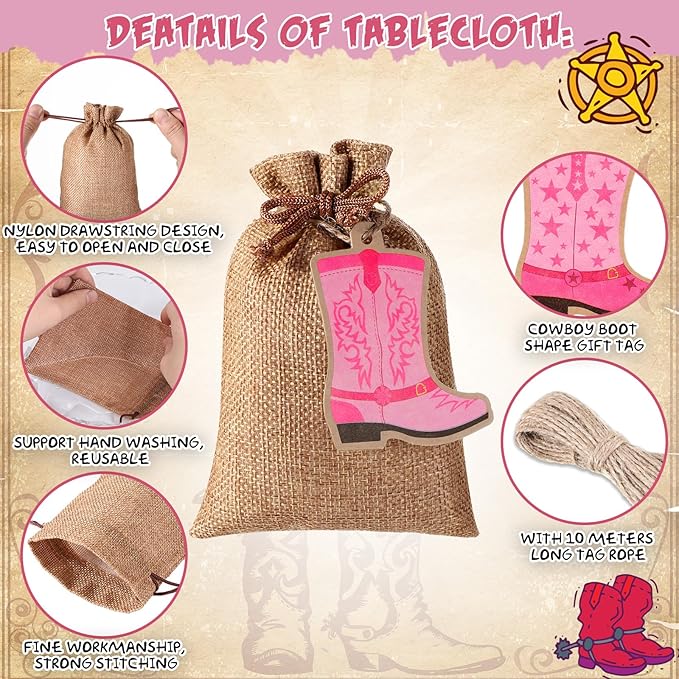 Mooliwe 50 Pcs Burlap Drawstring Bags with Boot Shape Tags, Western Cowgirl Gift Sacks Bulk 4 x 6 Inches Reusable Burlap Candy Pouch for Bachelorette Cowboy Baby Shower Wedding Party Favor(Pink)