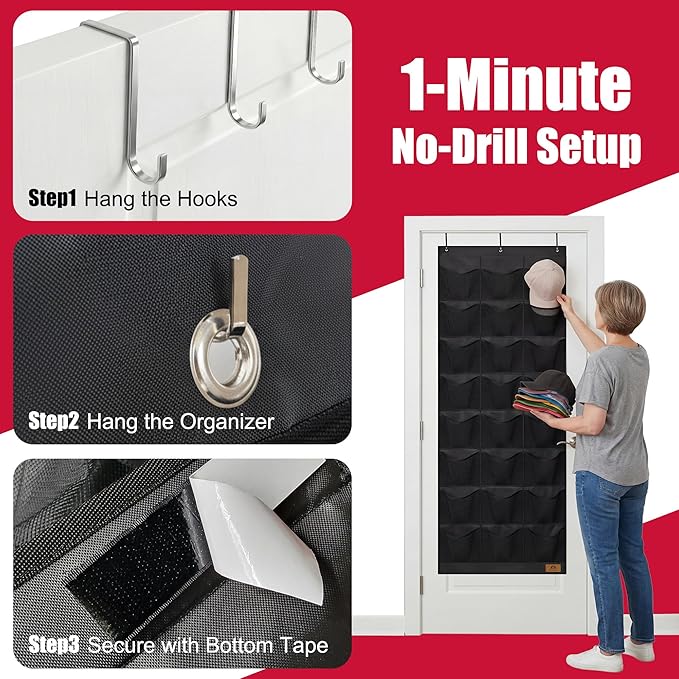 Hat Organizer for Baseball Caps, 24 Deep Pockets Hat Rack, Breathable & Visible, Black Hat Holder with 3 Hooks for Door, Bedroom, Closet Organizer