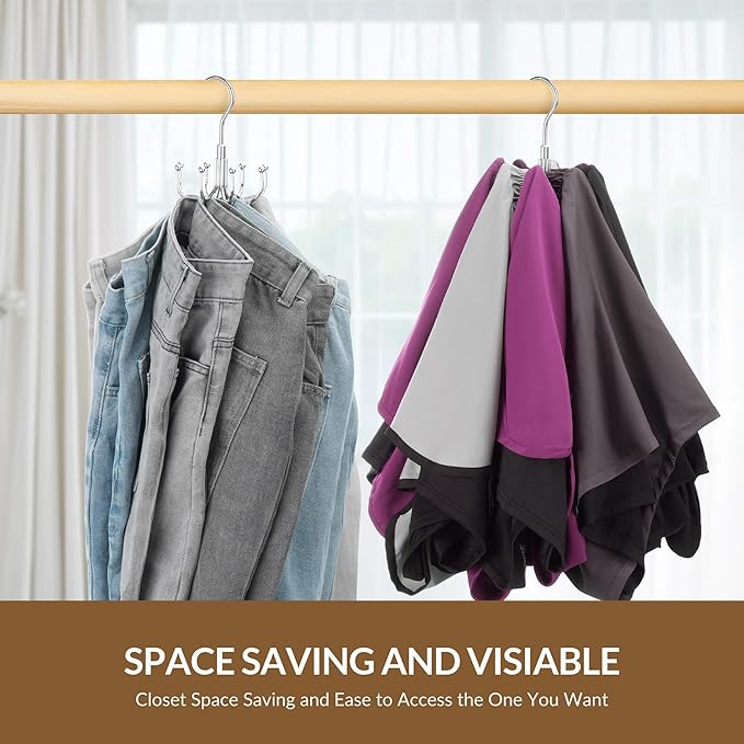 ZEDODIER 2 Pack Jean Hangers Jeans Organizer for Closet, Rotatable Sturdy 16 Hooks Jean Holder, Metal Space Saving Closet Organizers and Storage, Silver