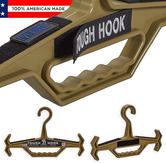 Original Tough Hook ID MAX Heavy Duty Identification Hanger, USA Made 200lb Capacity -Police Tactical Gear,Scuba BCD, Wetsuit & Body Armor Organizer with Anti-Slip Design with 3 ID Strips,1 Pack Tan