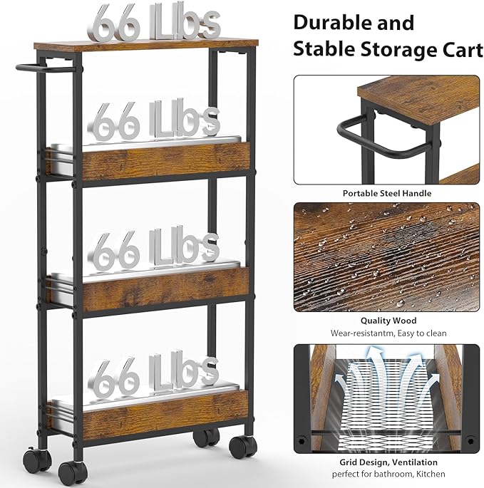 4 Tier Slim Rolling Storage Cart Narrow Space Utility Cart with Handle Metal Frame with Wood Top Table Sturdy Cart Organizers and Storage for Kitchen Bathroom Laundry Office, 5.1 Inches Deep Black
