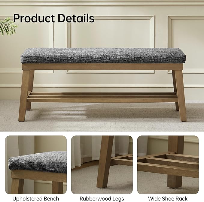VKNOW Entryway Bench, 44.4" Upholstered Storage Shoe Bench for Entryway & Bedroom, Shoe Rack Bench with Rubberwood Legs, Modern End of Bed Bench for Living Room and Hallway, Black