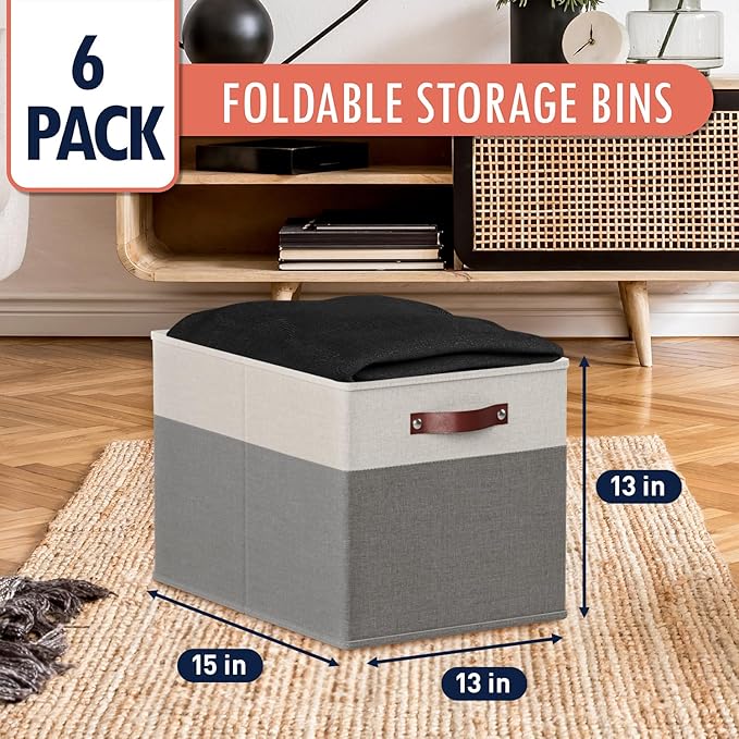 Ornavo Home 13 x 15 x 13 Kallax Storage Cube Bins, Foldable Collapsible Fabric Storage Bins Box Linen Shelf Basket Cube Organizer for Closet with Leather Handles, 6 Pack, White/Gray