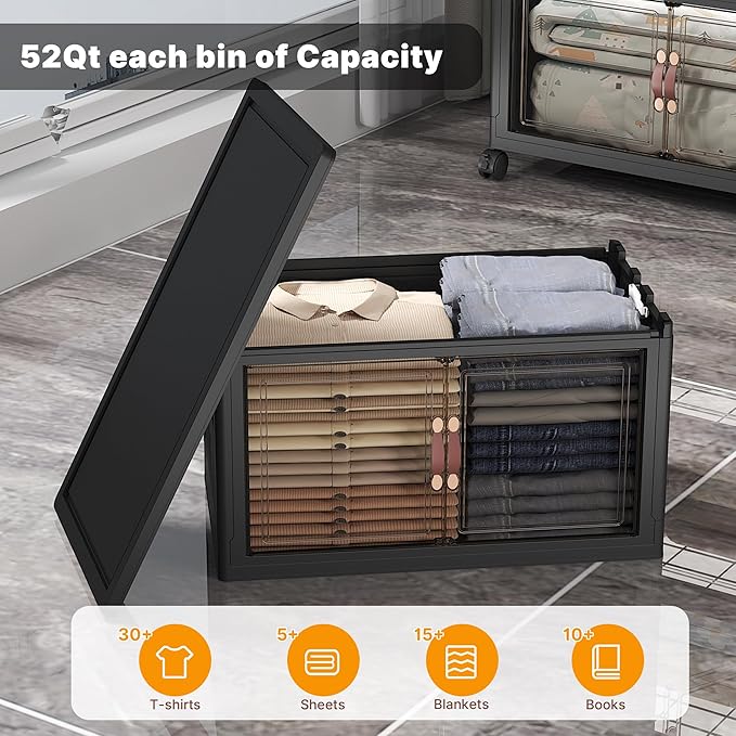 Extra Large Stackable Storage Bins with Lids & Wheels & Door, 156QT-52QT/13GAL*3Pack Foldable Collapsible Closet Organizers, Plastic containers drawers for bedroom Dorm