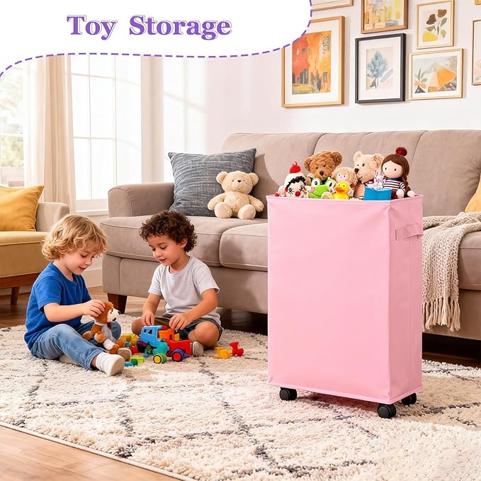 42L Slim Laundry Basket with Wheels, Rolling Laundry Hamper for Small Spaces, Collapsible 600D Oxford Dirty Clothes Basket with Brake & Handle, Narrow Laundry Basket for Dorm, Bathroom, Pink