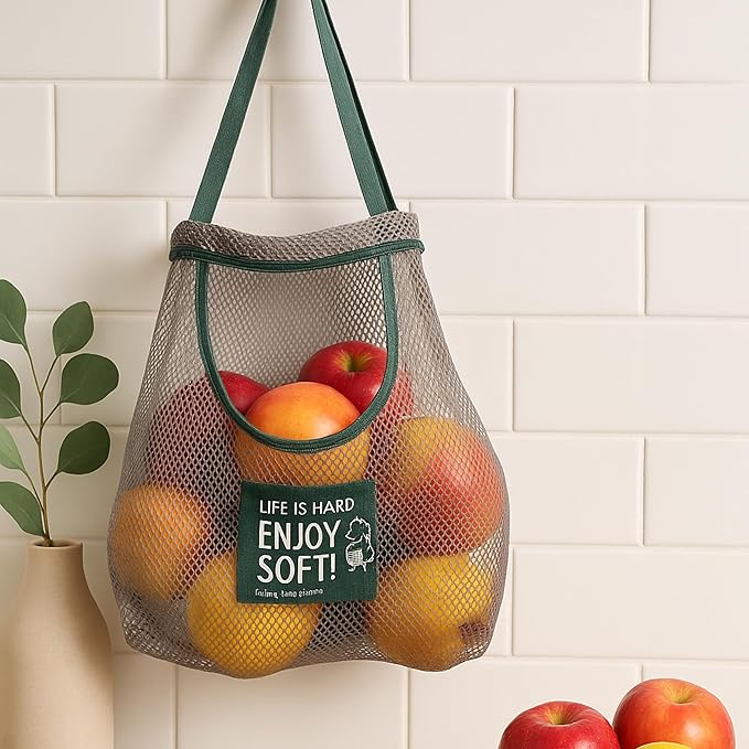 Durable Reusable Hanging Storage Mesh Bags for Fruits, Vegetables, Garlic, Ginger & Potatoes, Kitchen Storage Mesh Bag, Breathable Storage Bags for Home Decor & Kitchen Decor (2 blue bags & 2 hooks)
