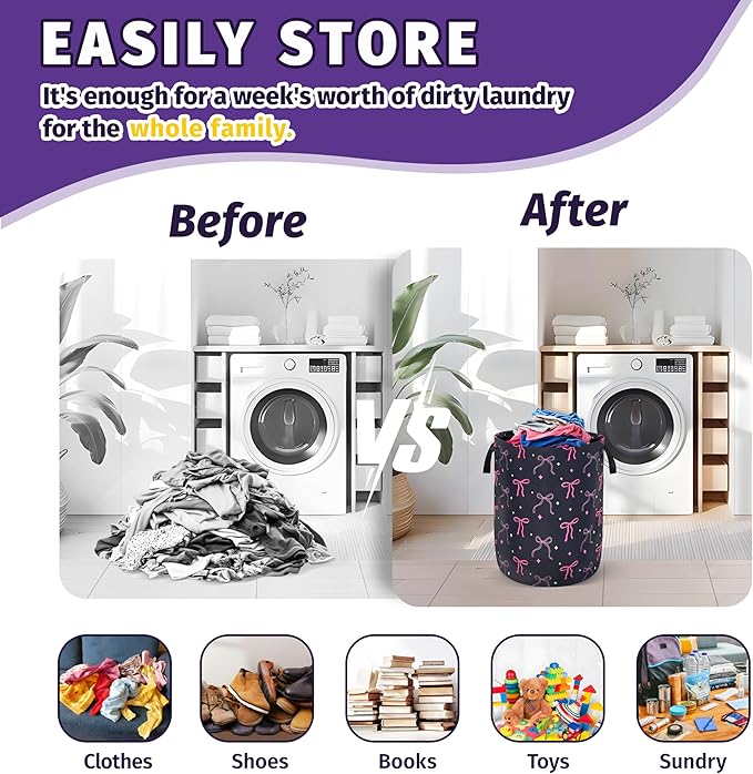 Beautiful Bow Laundry Basket Foldable Oxford Cloth With Handle Portable Colorful Storage Basket Organizer Suitable For Laundry Room/Living Room/Bedroom/Children'S Room (18.9 X 16.5 Inch)
